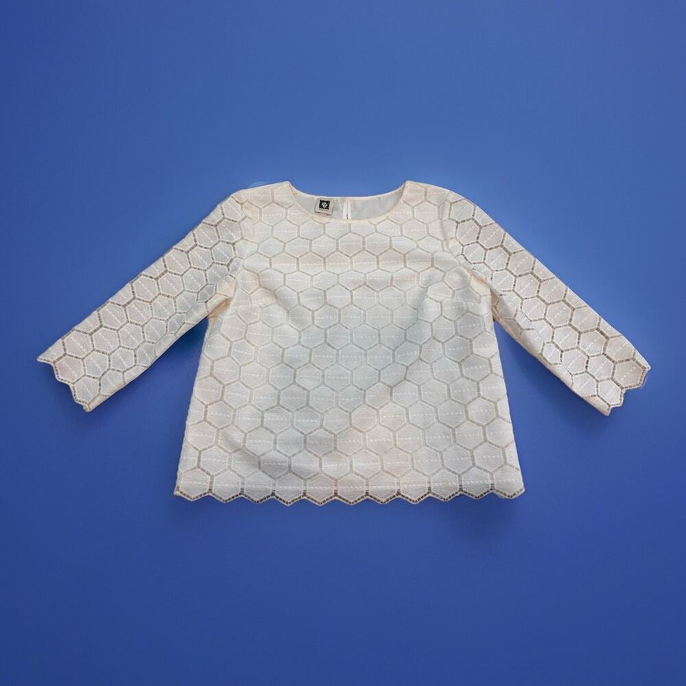Anne Klein White Embroidered‎ Geometric Lace Top Womens 12 Career Elegant